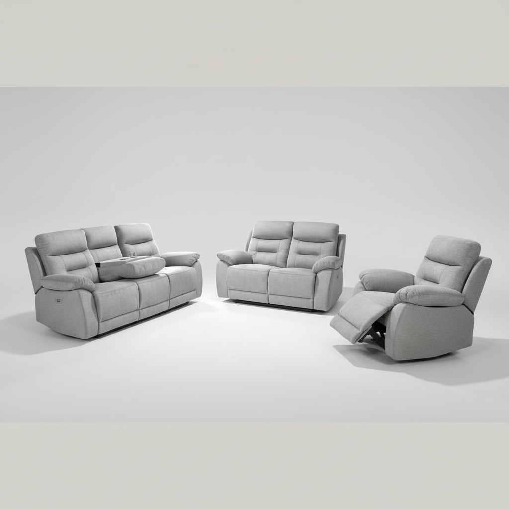Calypso Grey Fabric Power Recliner Sofa Set with Drop-down & Cup Holders 1407