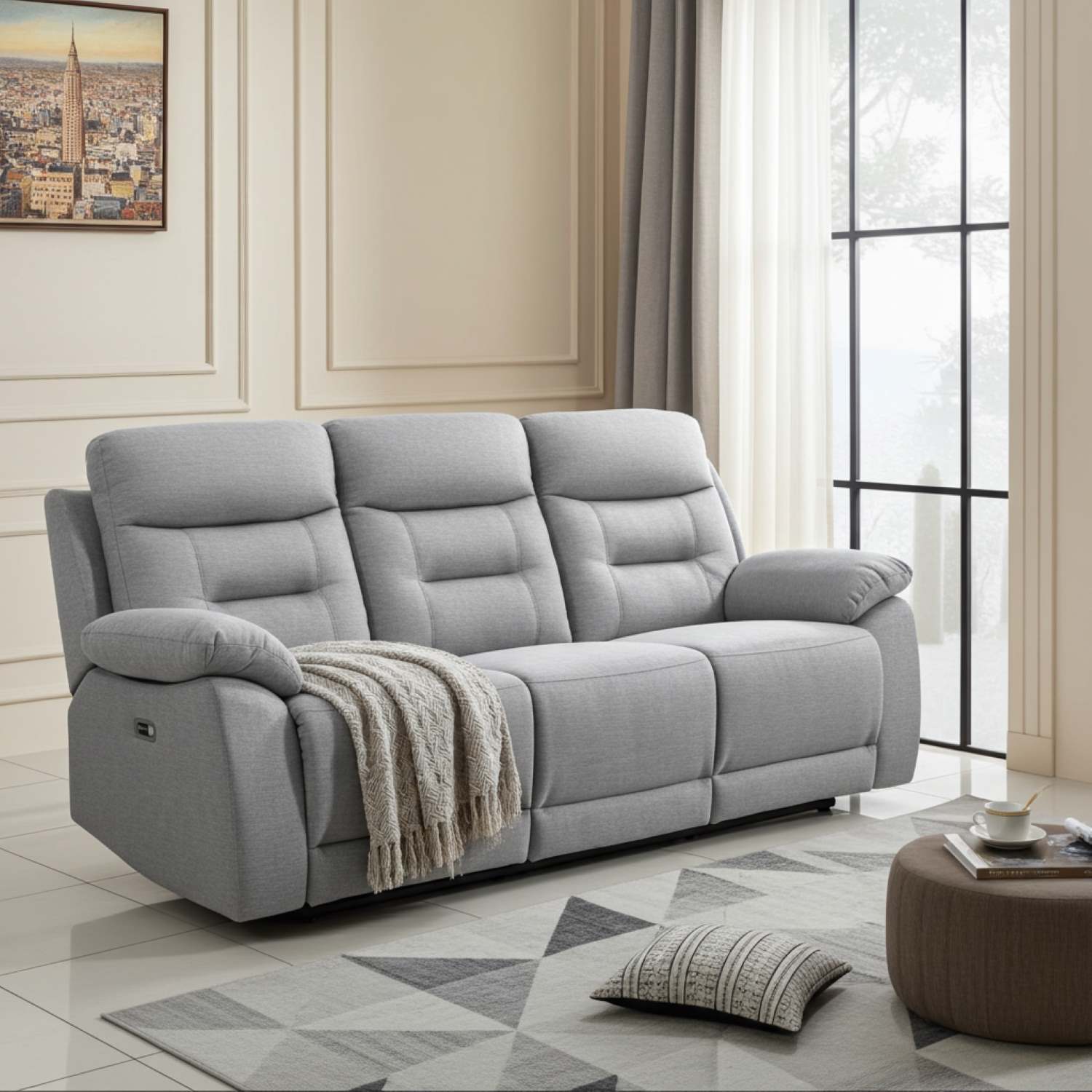 Calypso Grey Fabric Power Recliner Sofa Set with Drop-down & Cup Holders 1407