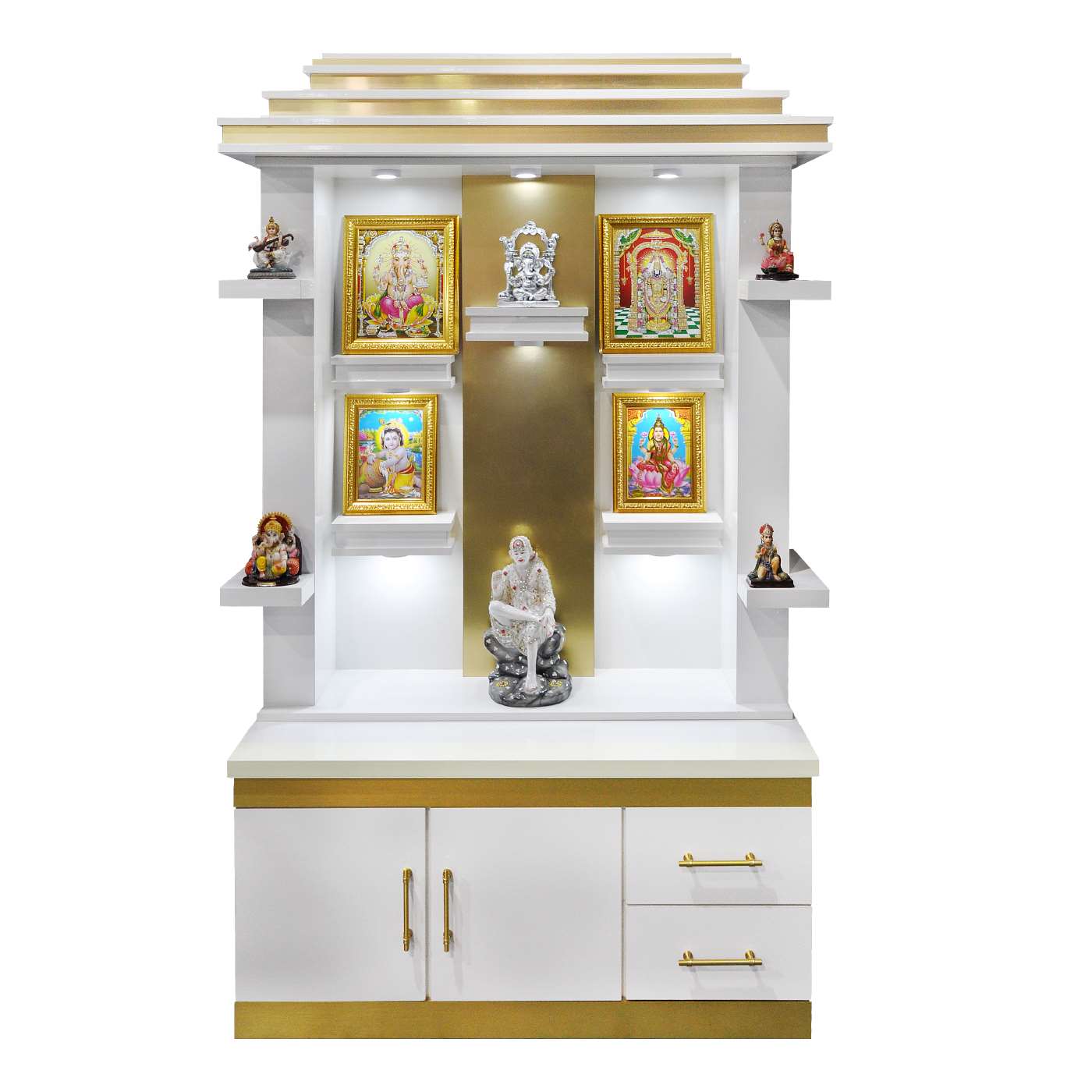 A Canadian made pooja mandir featuring a white base with gold accents, housing various idols and figurines on the shelves.