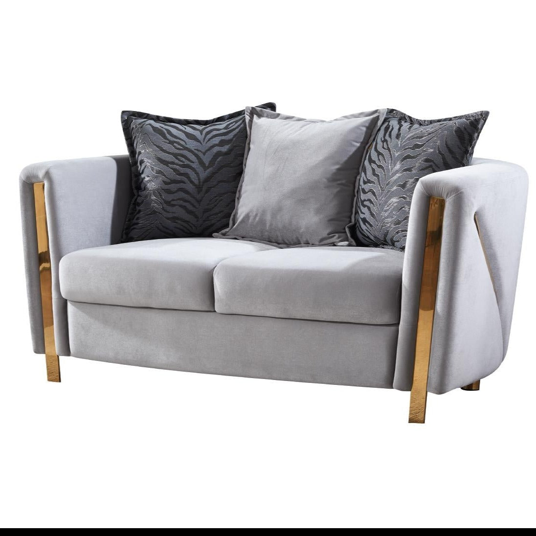 Chanelle Silver Velvet Loveseat With Gold Legs 1725