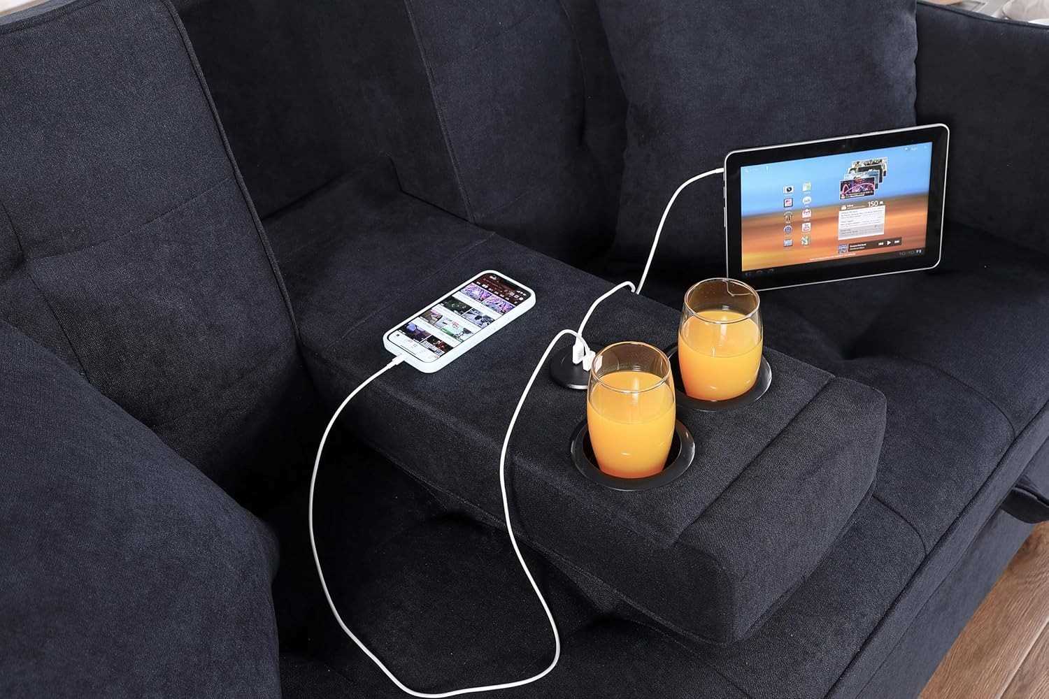 Chase Dark Grey Pull Out Sofa Bed With USB Ports & Cup Holders