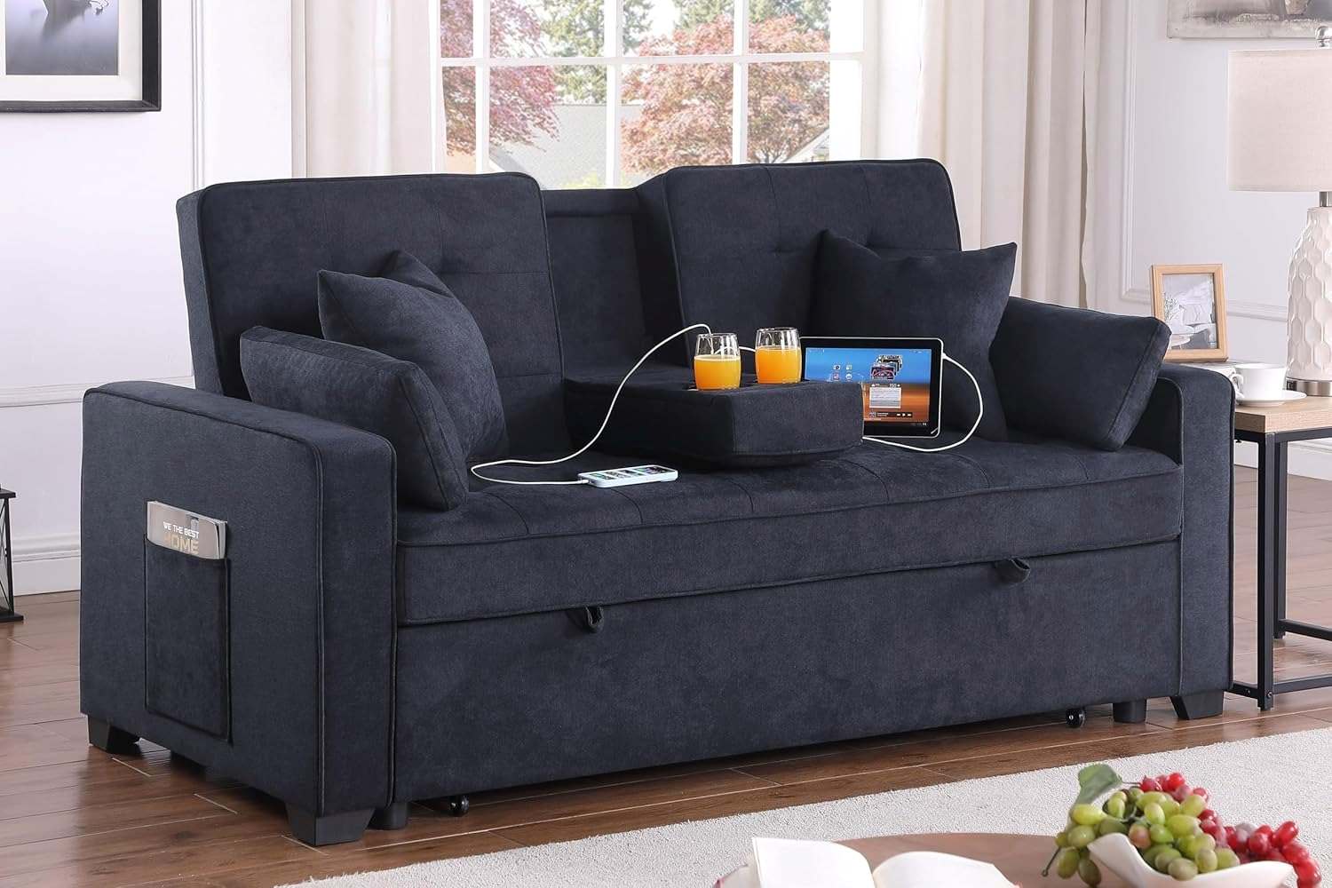 Chase Dark Grey Pull Out Sofa Bed With USB Ports & Cup Holders
