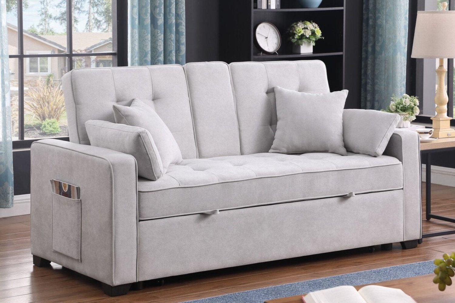 Chase Light Grey Pull Out Sofa Bed With USB Ports & Cup Holders