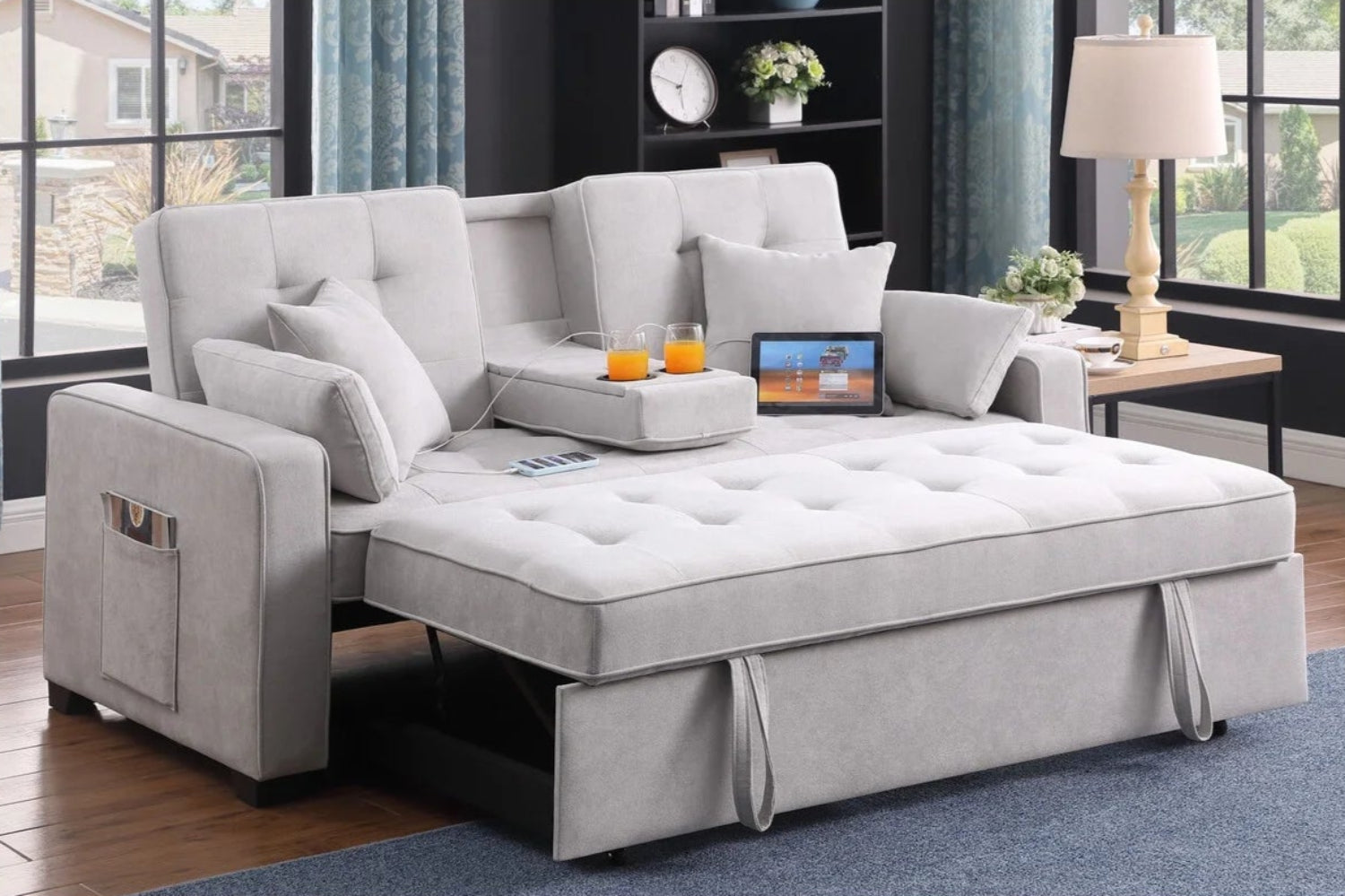Chase Light Grey Pull Out Sofa Bed With USB Ports & Cup Holders