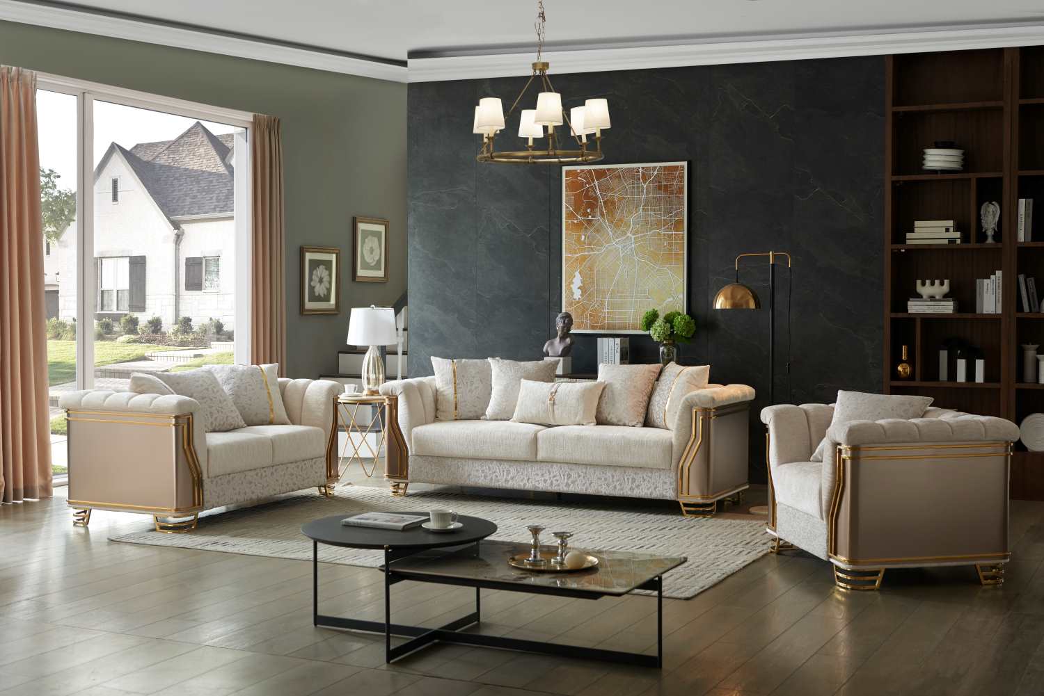 Chateau Beige Fabric Sofa Set with Gold-tone Accents 8625