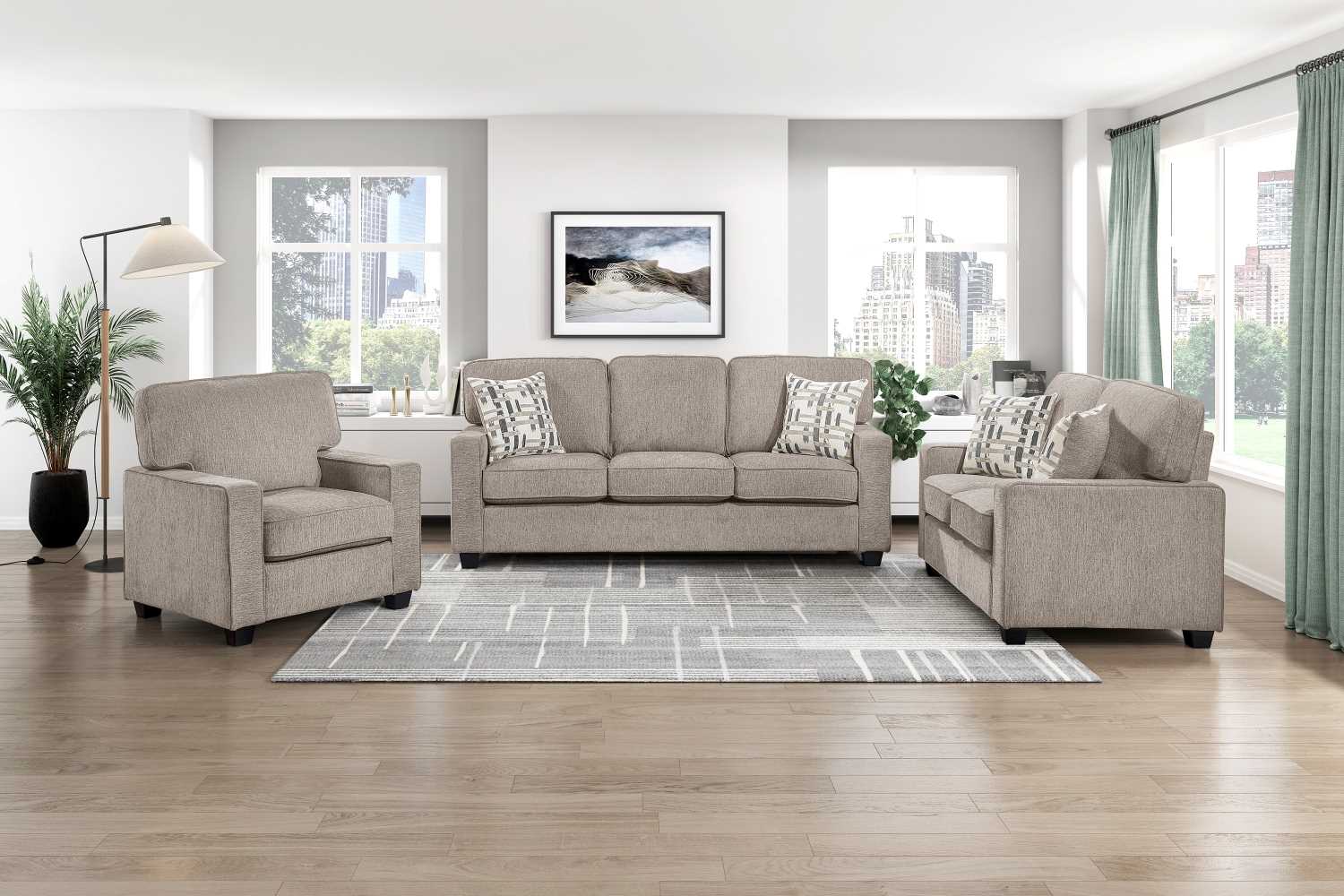 Chenille Taupe Fabric Sofa Set with 4 Decorative Pillows 9748