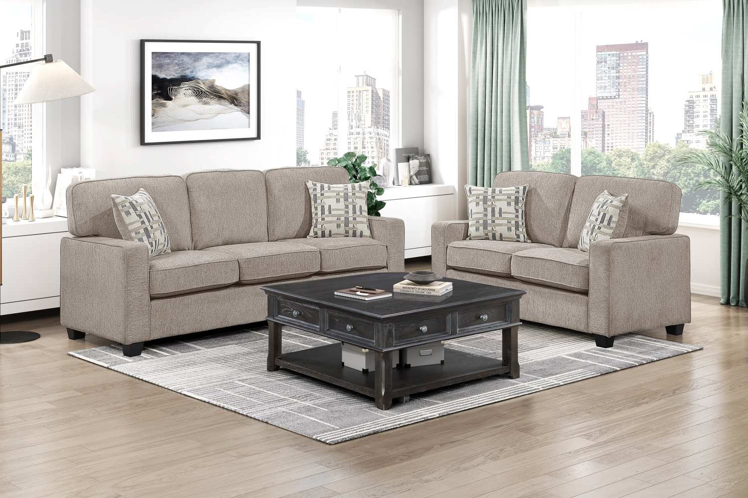 Chenille Taupe Fabric Sofa Set with 4 Decorative Pillows 9748
