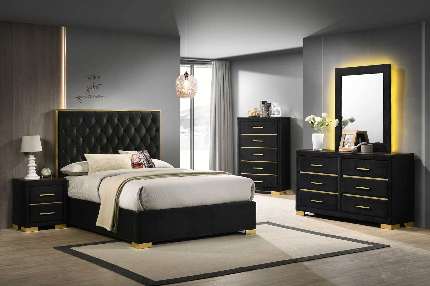 Chloe Black Velvet Bedroom Set With Tufted Headboard IF-100