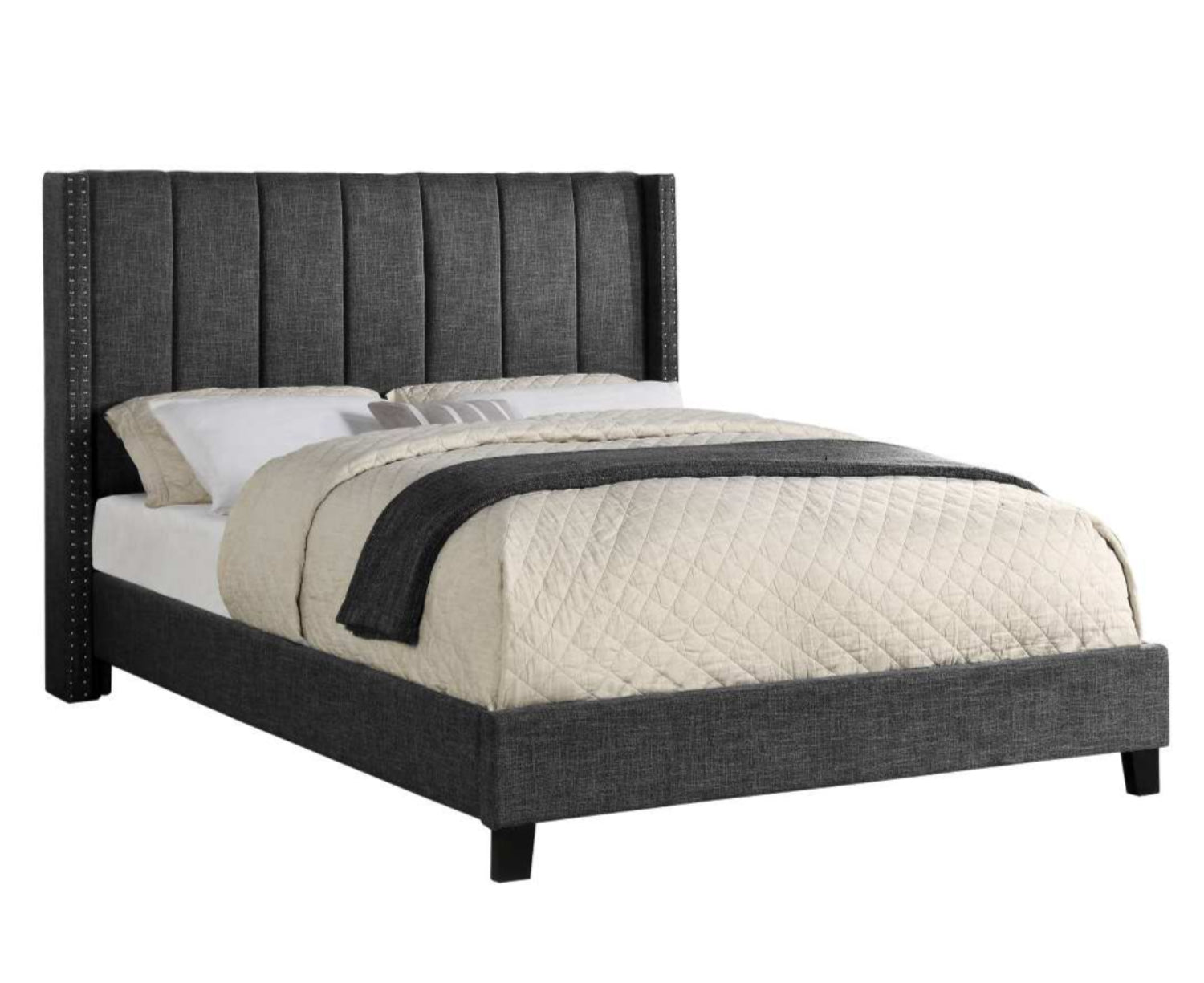 Clara Dark Grey Linen Fabric Bed with Channel Tufted Headboard 5831