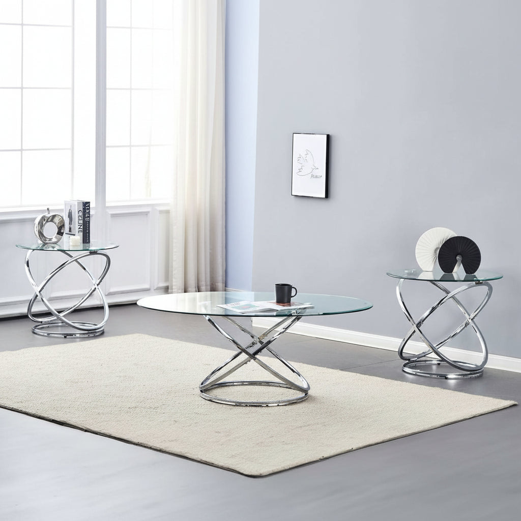 Clear Tempered Glass Top Coffee Table Set with Chrome Base 2640