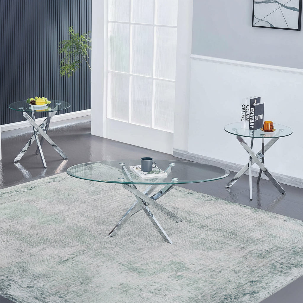 Clear Tempered Glass Top Coffee Table Set with Chrome Base 2650
