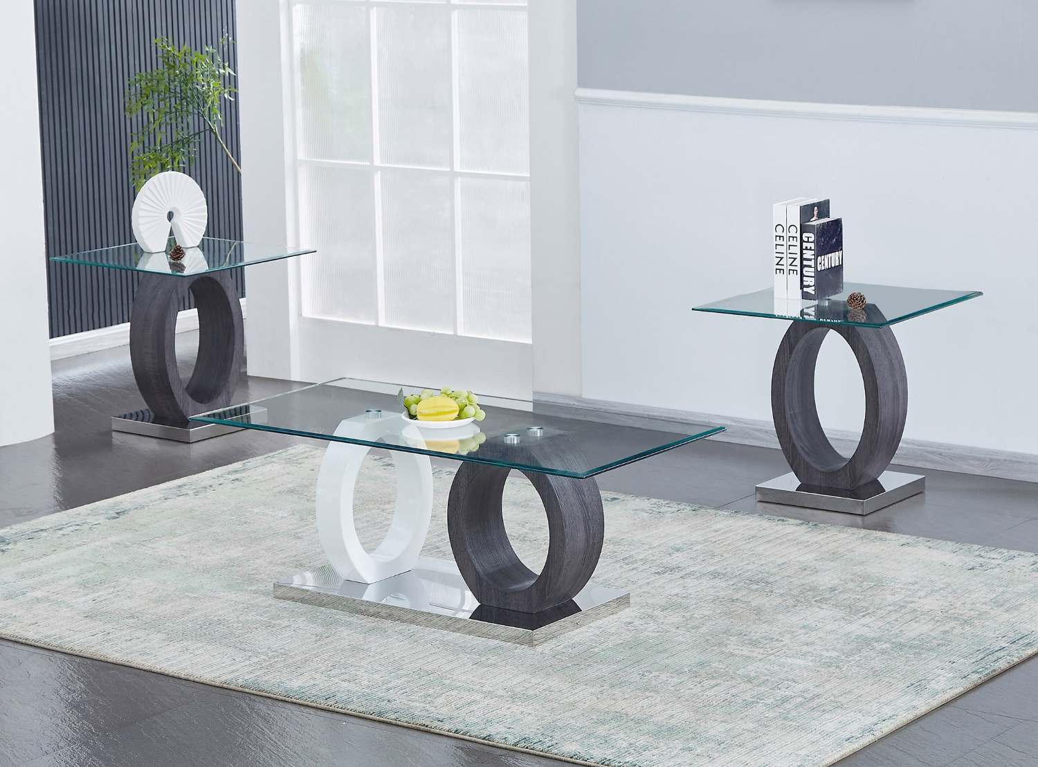 Clear Tempered Glass Top Coffee Table Set with White & Grey Base 2652