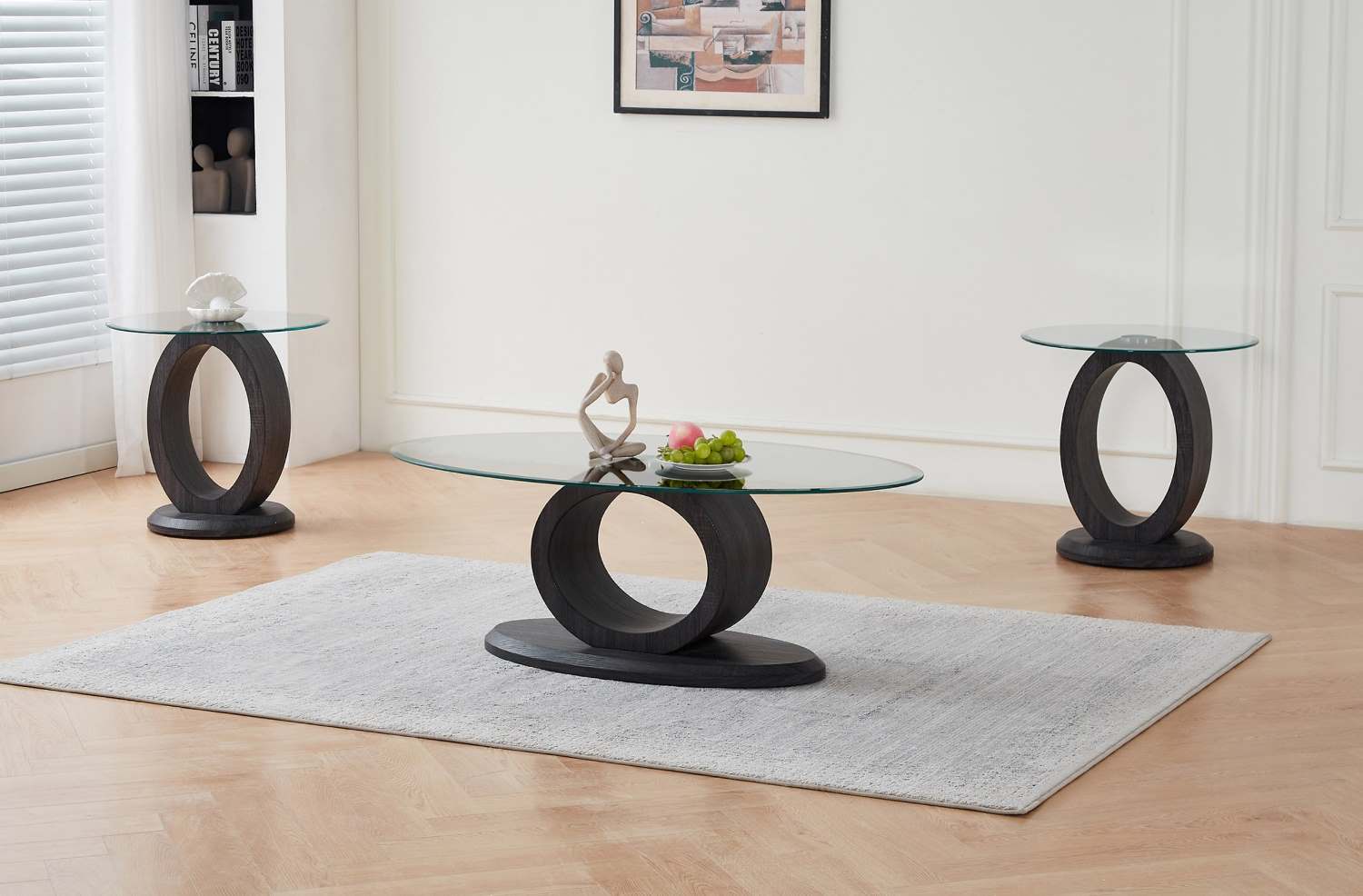 Clear Tempered Glass Top End Table with Sculptural O-Shaped Bases 2656
