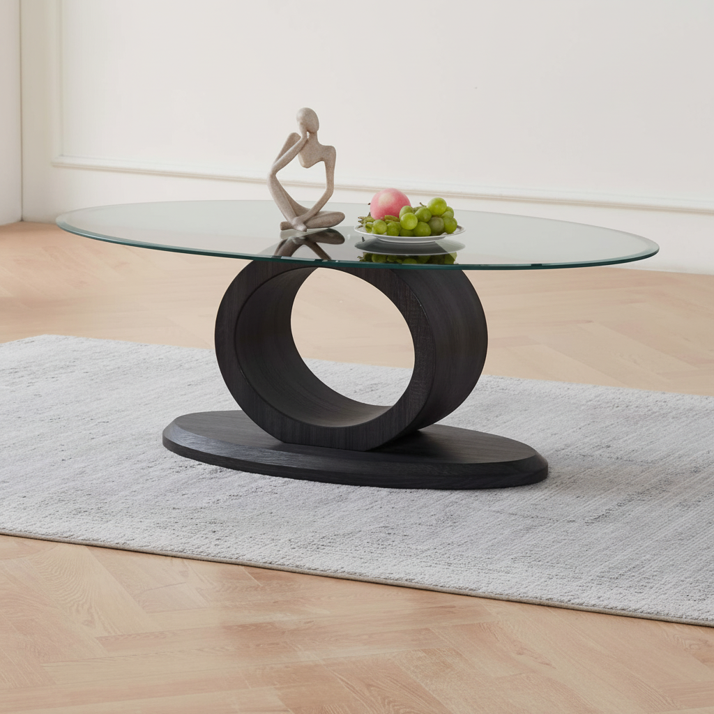 Clear Tempered Glass Top Coffee Table with Sculptural O-Shaped Bases 2656
