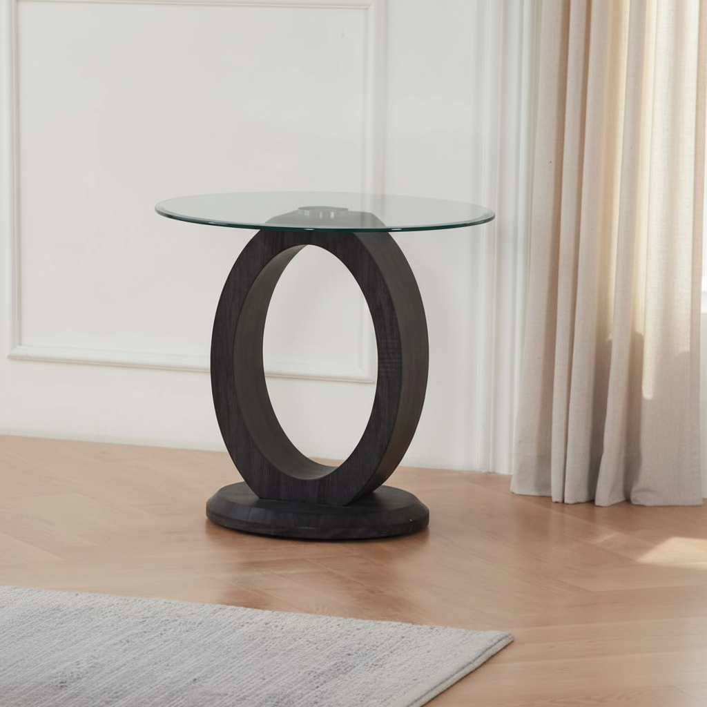 Clear Tempered Glass Top End Table with Sculptural O-Shaped Bases 2656