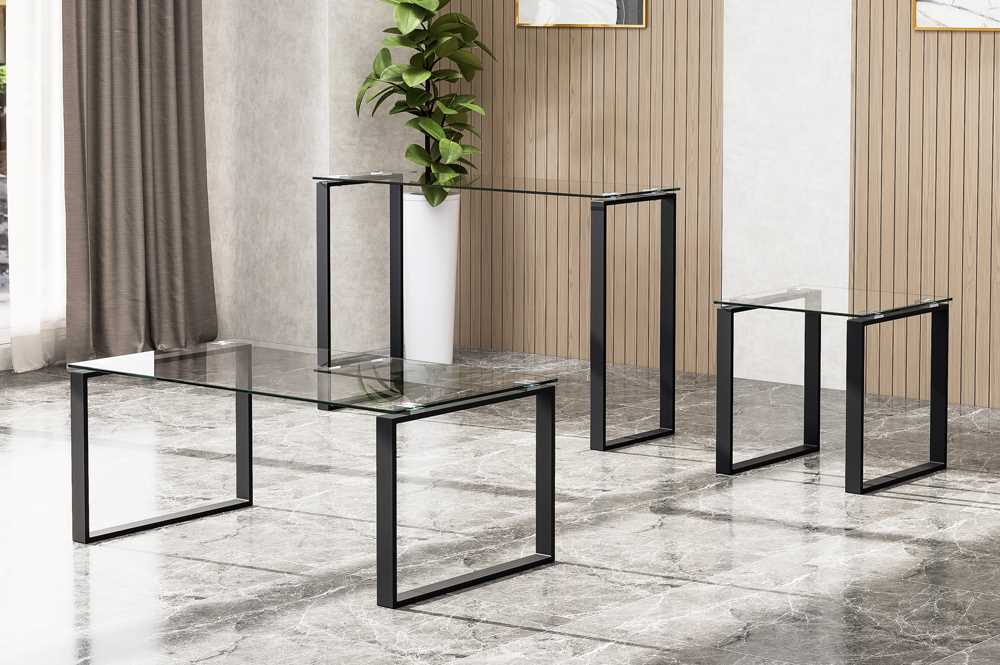 3PC Glass Coffee Table Set With Black Metal Legs 5014