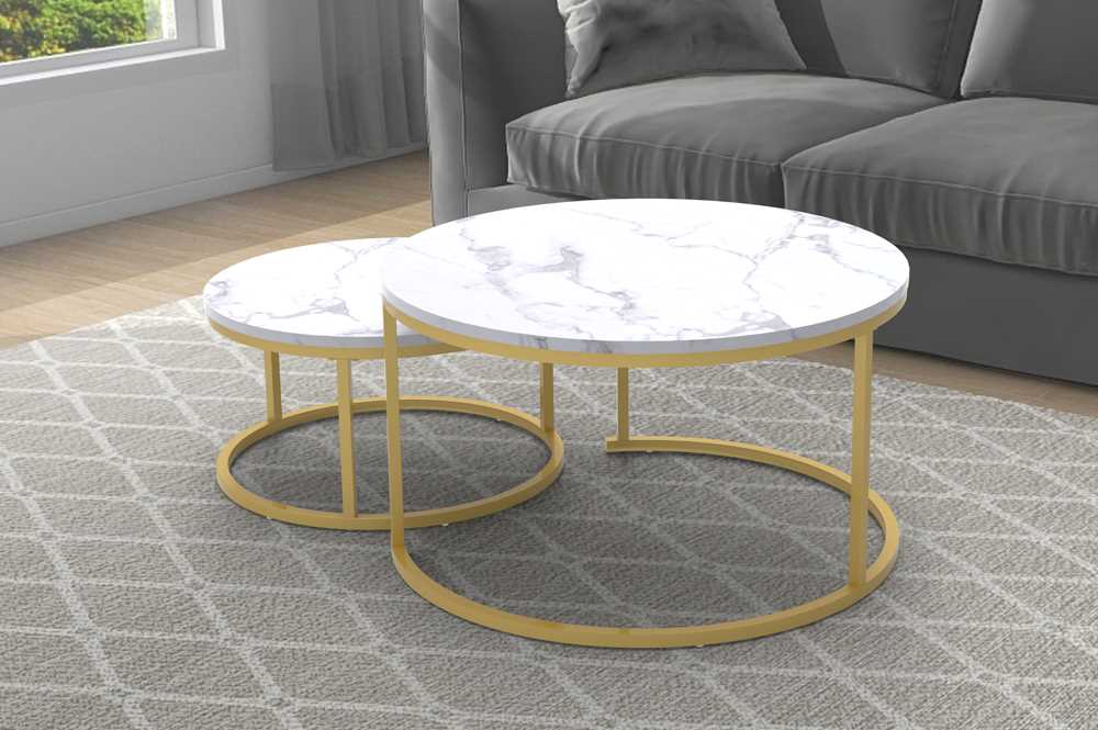 White Round Coffee Table With Brushed Gold Finish Base 5503