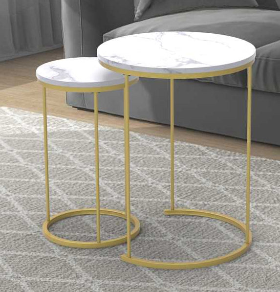 White Round End Table With Brushed Gold Finish Base 5503