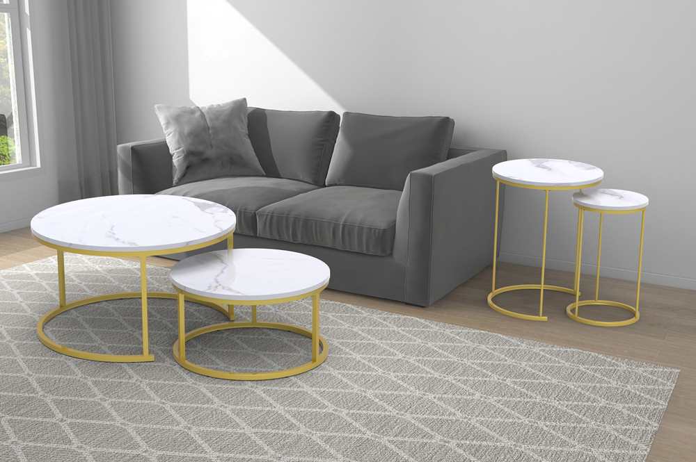 White Round End Table With Brushed Gold Finish Base 5503