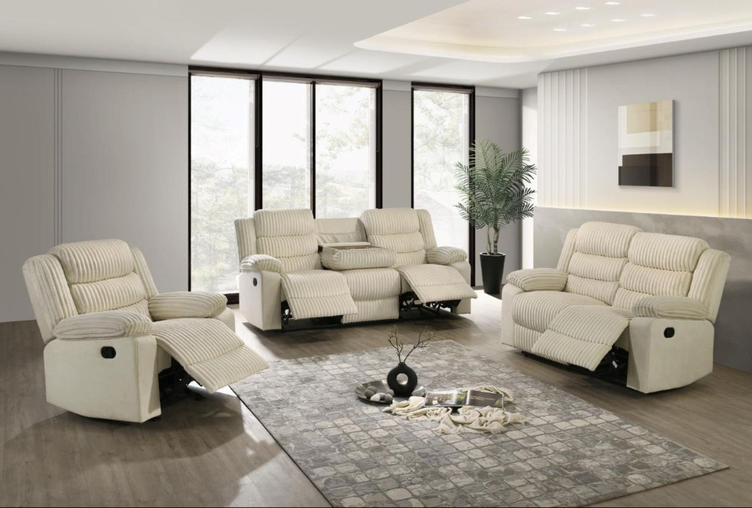 Comfort Cream Velvet Corduroy Fabric Manual Recliner Sofa Set 3665