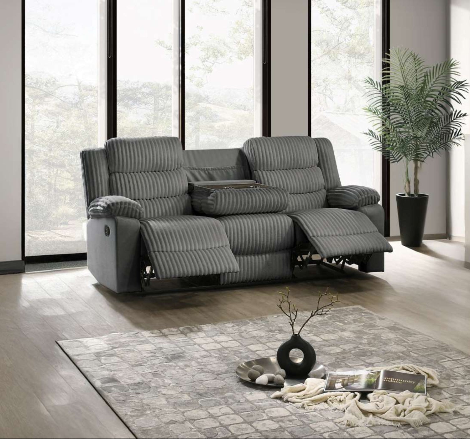 Comfort Grey Velvet Corduroy Fabric Manual Recliner Sofa Set 3665