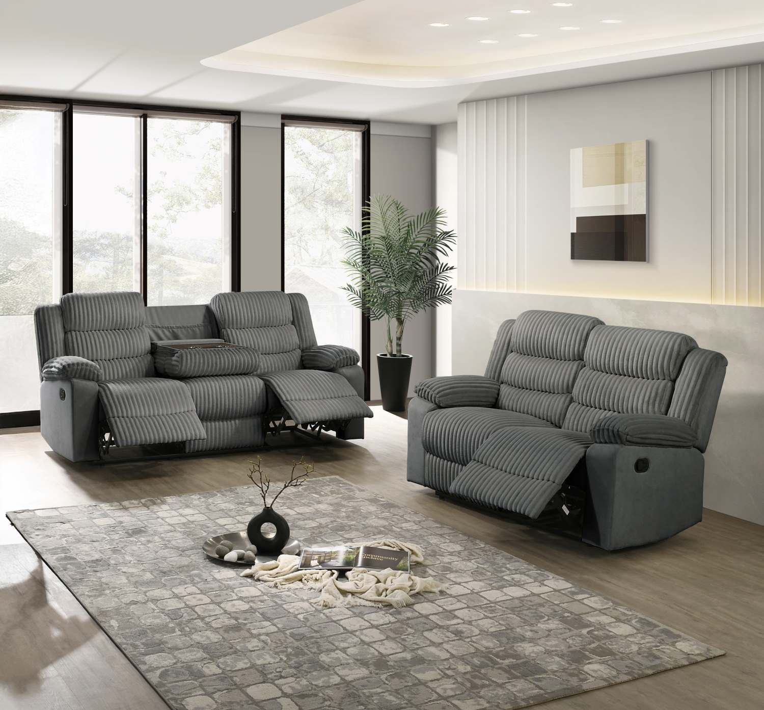 Comfort Grey Velvet Corduroy Fabric Manual Recliner Sofa Set 3665