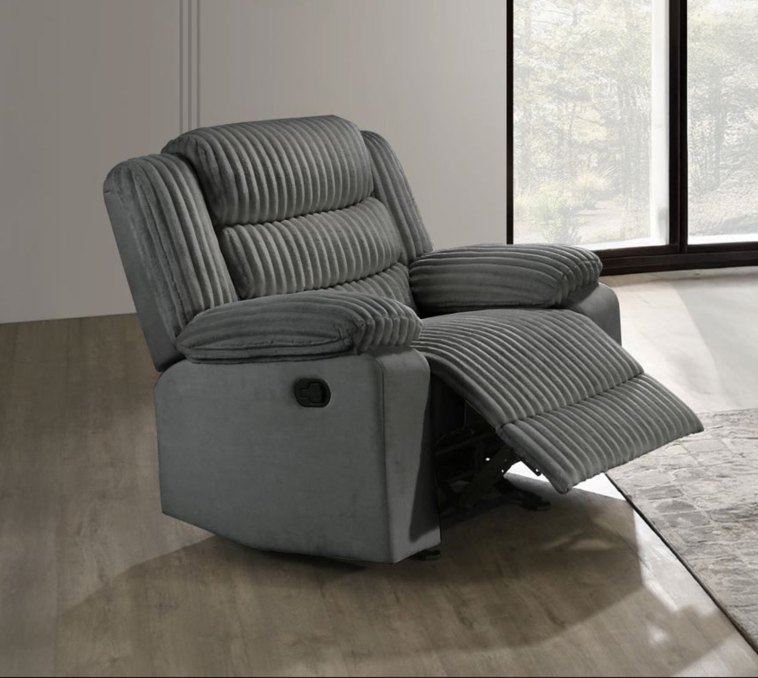 Comfort Grey Velvet Corduroy Fabric Manual Recliner Sofa Set 3665