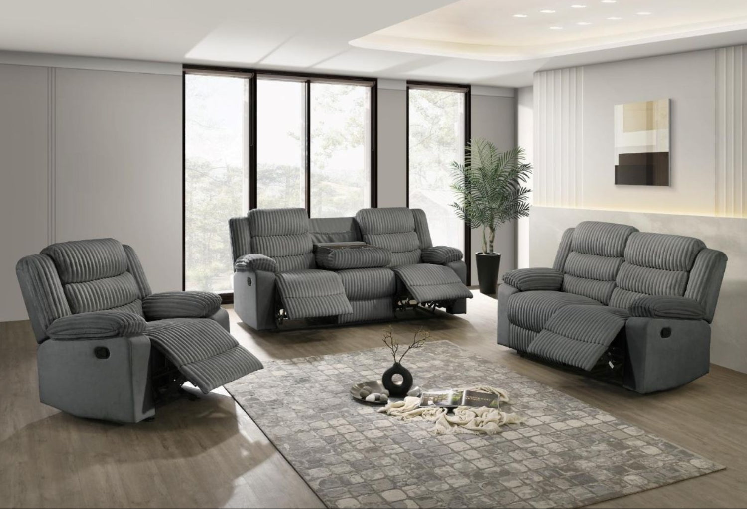 Comfort Grey Velvet Corduroy Fabric Manual Recliner Sofa Set 3665