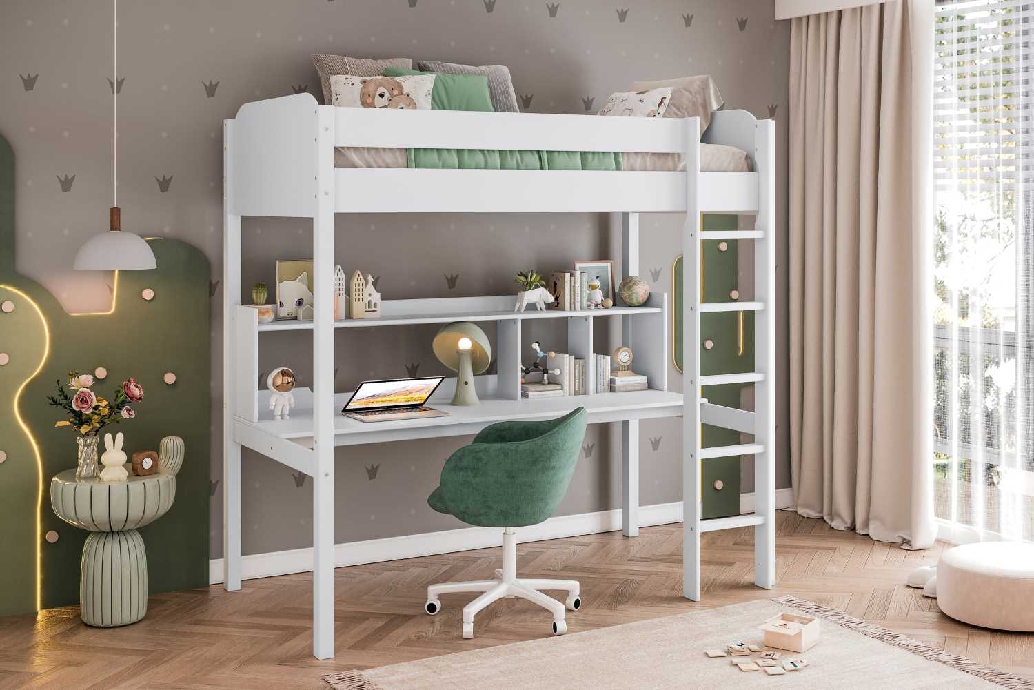 Coney Wooden Twin Loft Bed with Desk Bunk Bed White 2003