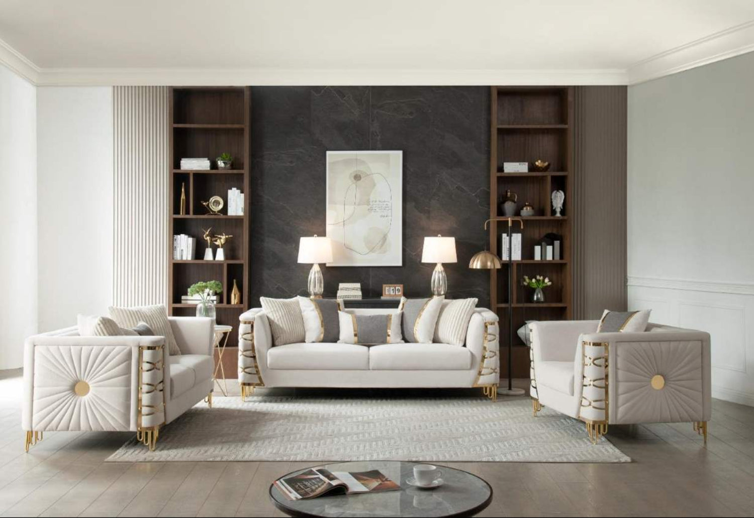 Contessa Beige Fabric Sofa Set with Gold Accents 8125