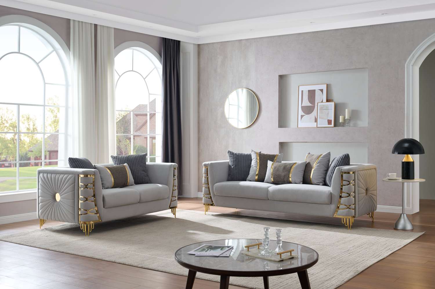 Contessa Grey Fabric Sofa Set with Gold Accents 8125