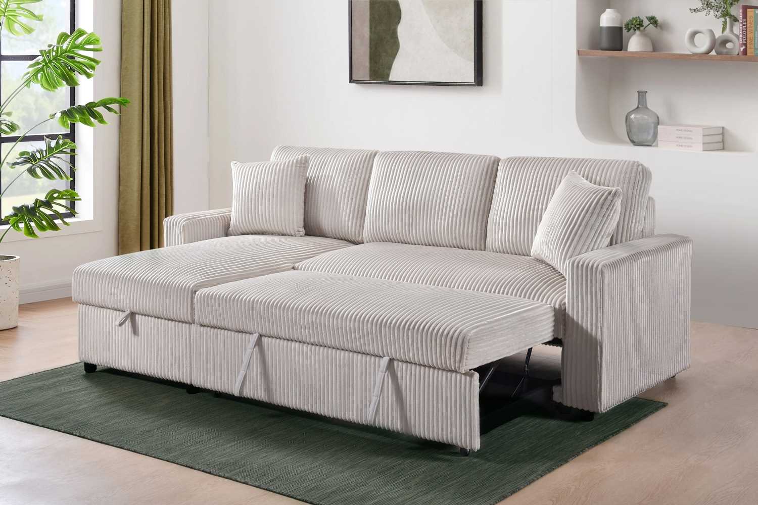 Corduroy Beige Fabric Brecker Reversible Sectional Sofa Bed 99080