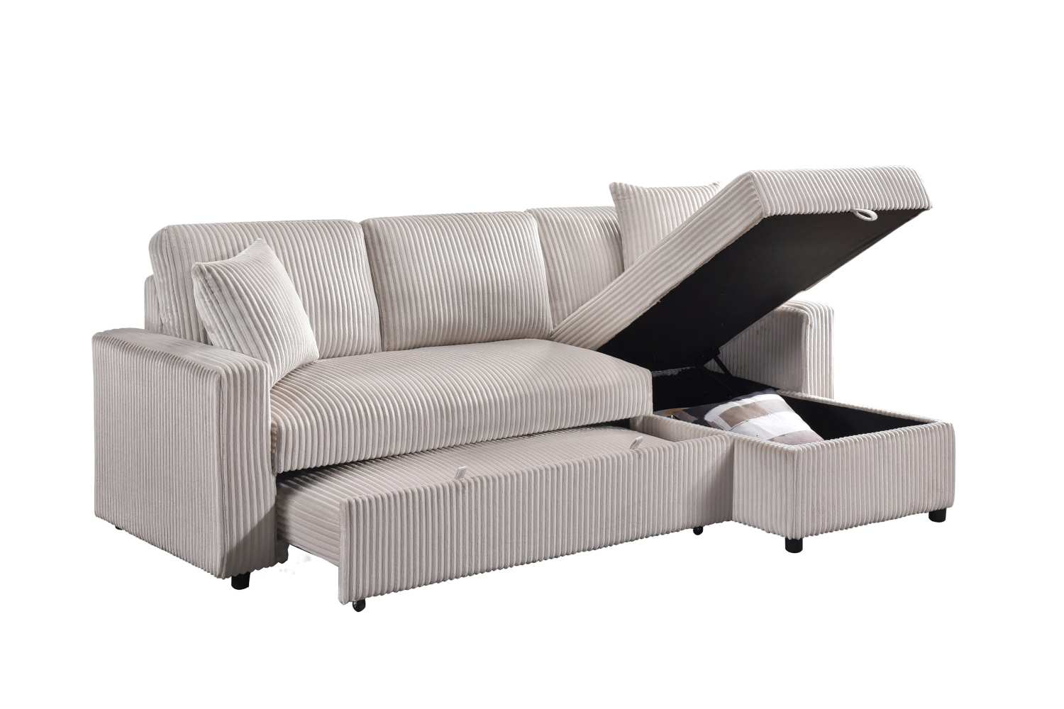 Corduroy Beige Fabric Brecker Reversible Sectional Sofa Bed 99080