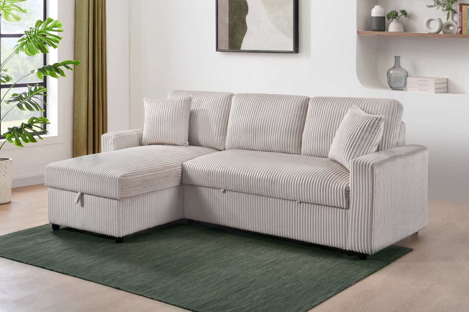 Corduroy Beige Fabric Brecker Reversible Sectional Sofa Bed 99080
