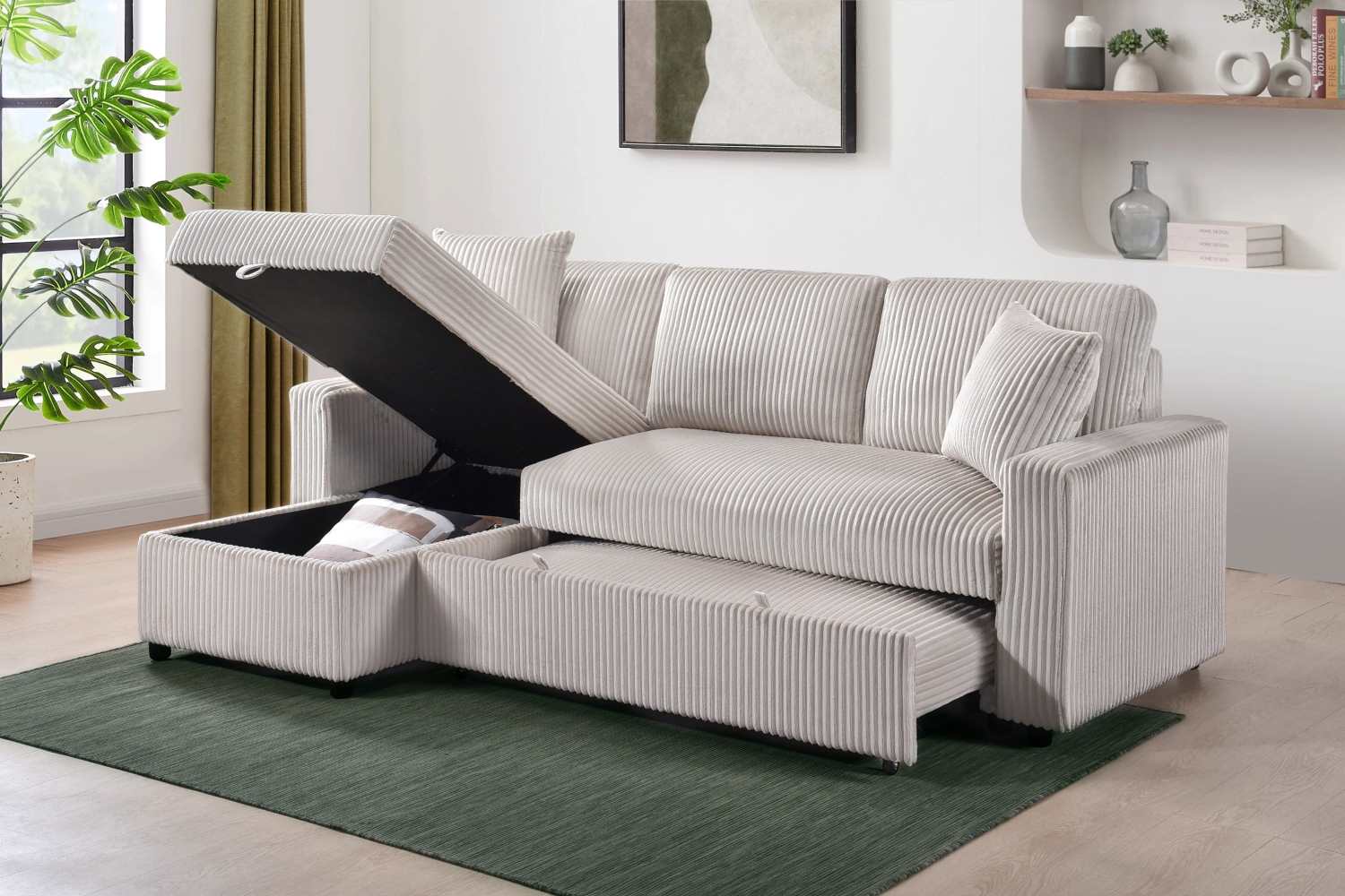 Corduroy Beige Fabric Brecker Reversible Sectional Sofa Bed 99080