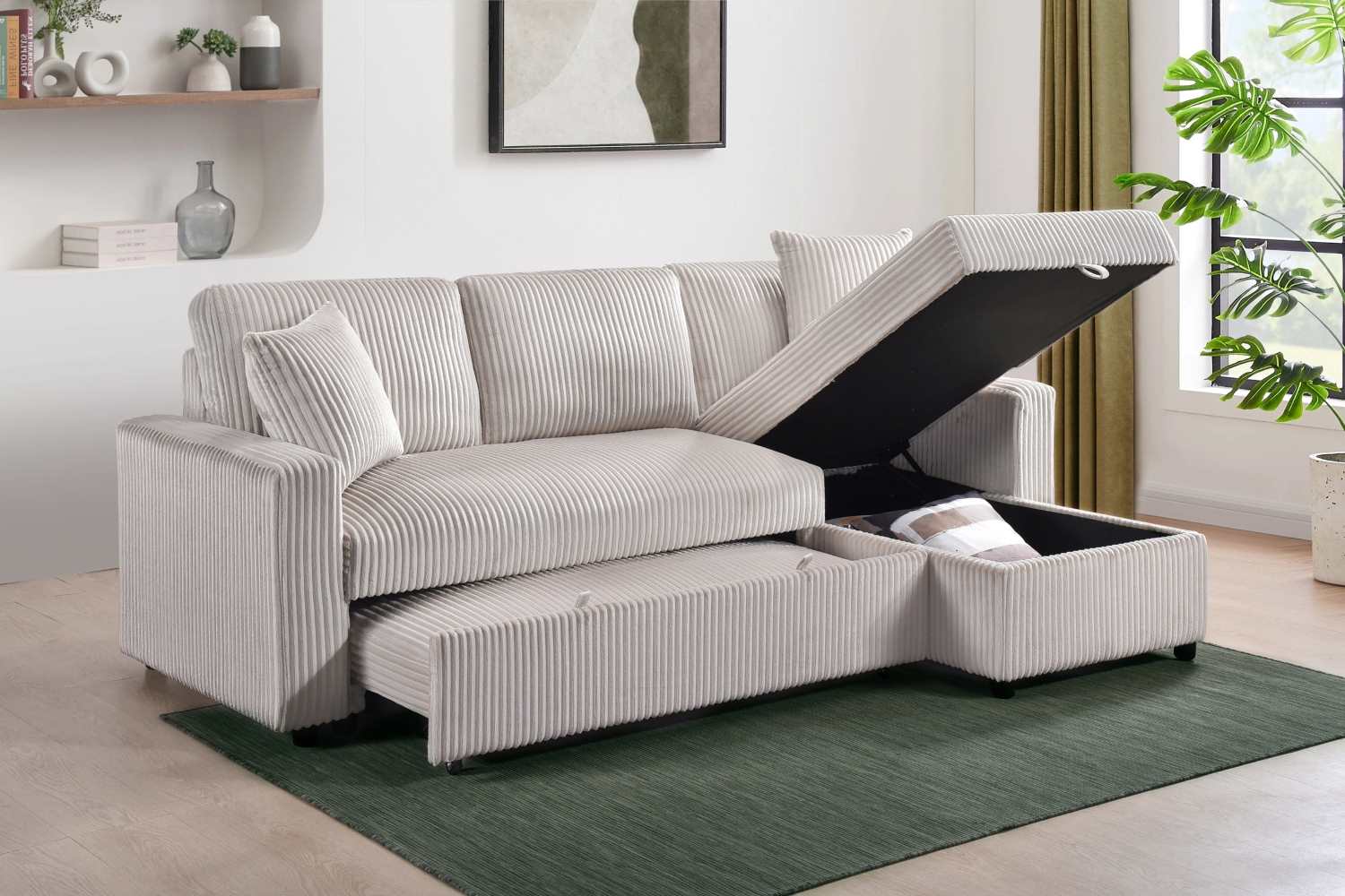 Corduroy Beige Fabric Brecker Reversible Sectional Sofa Bed 99080