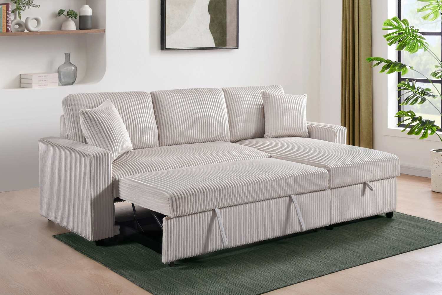 Corduroy Beige Fabric Brecker Reversible Sectional Sofa Bed 99080