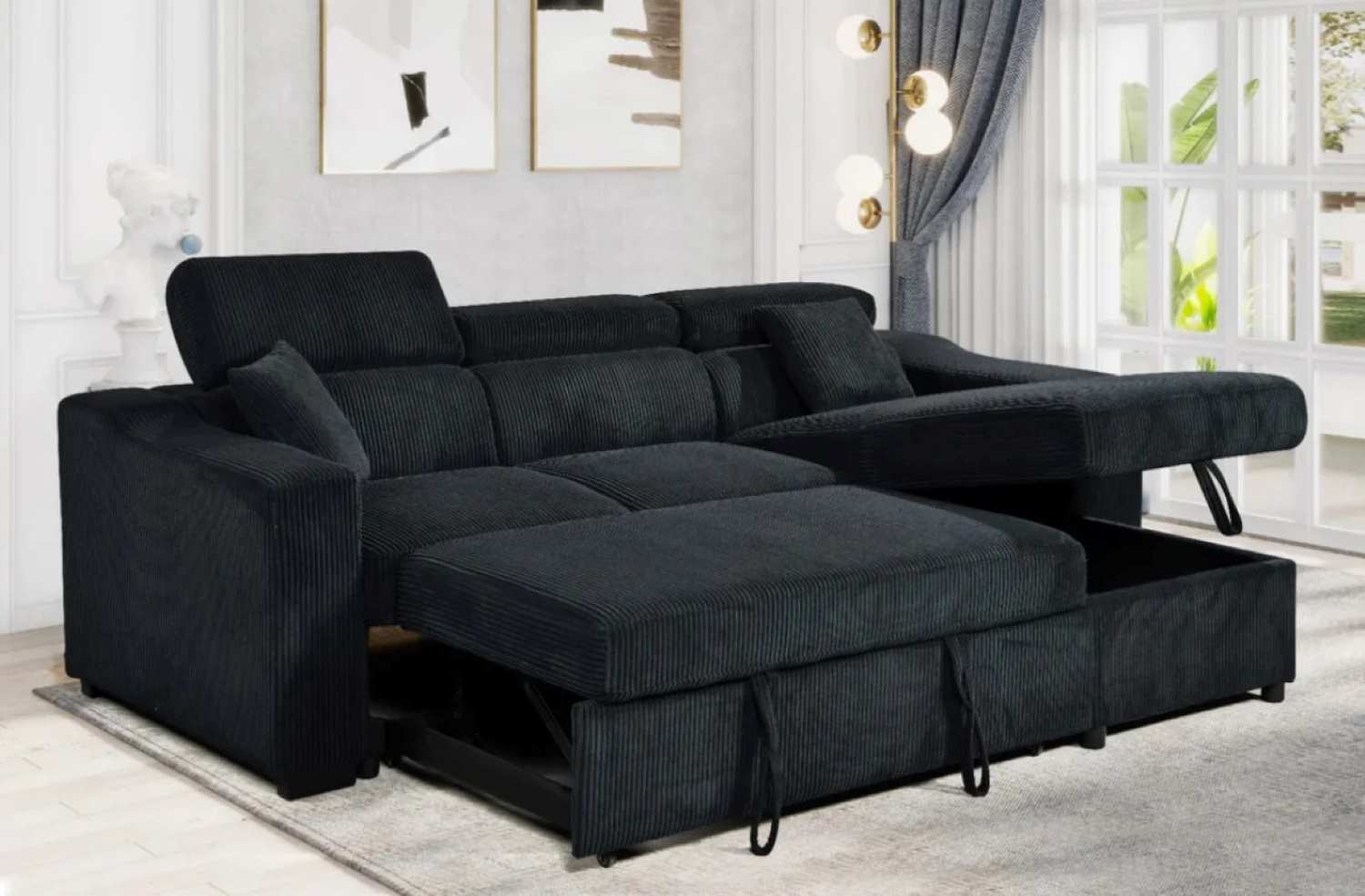Corduroy Fabric Black Reversible Sofa Bed With Adjustable Headrest 6362