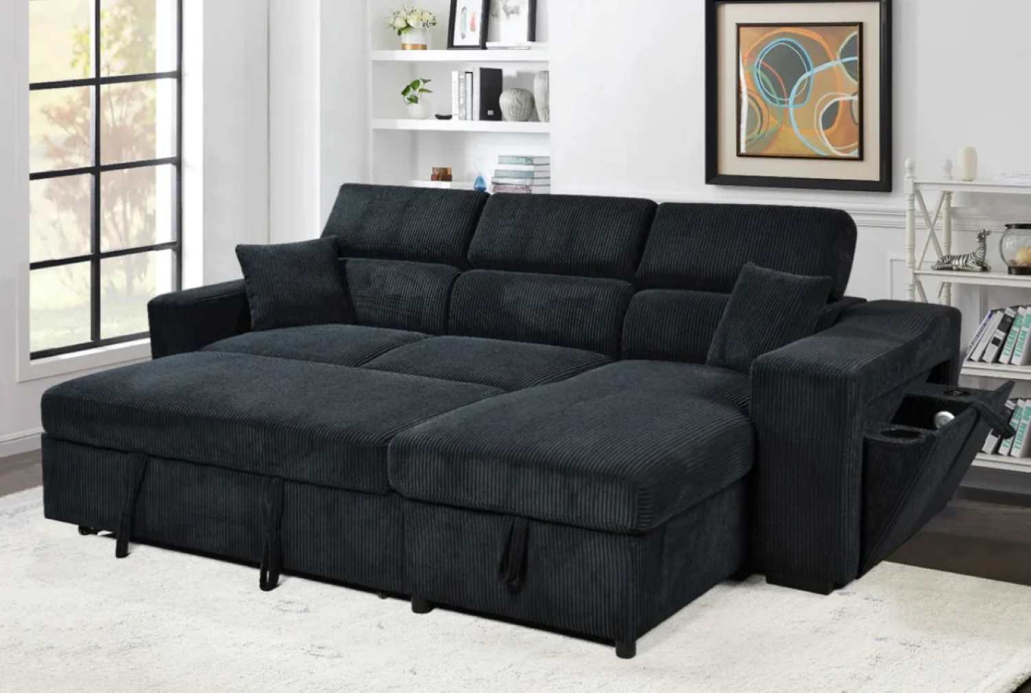 Corduroy Fabric Black Reversible Sofa Bed With Adjustable Headrest 6362
