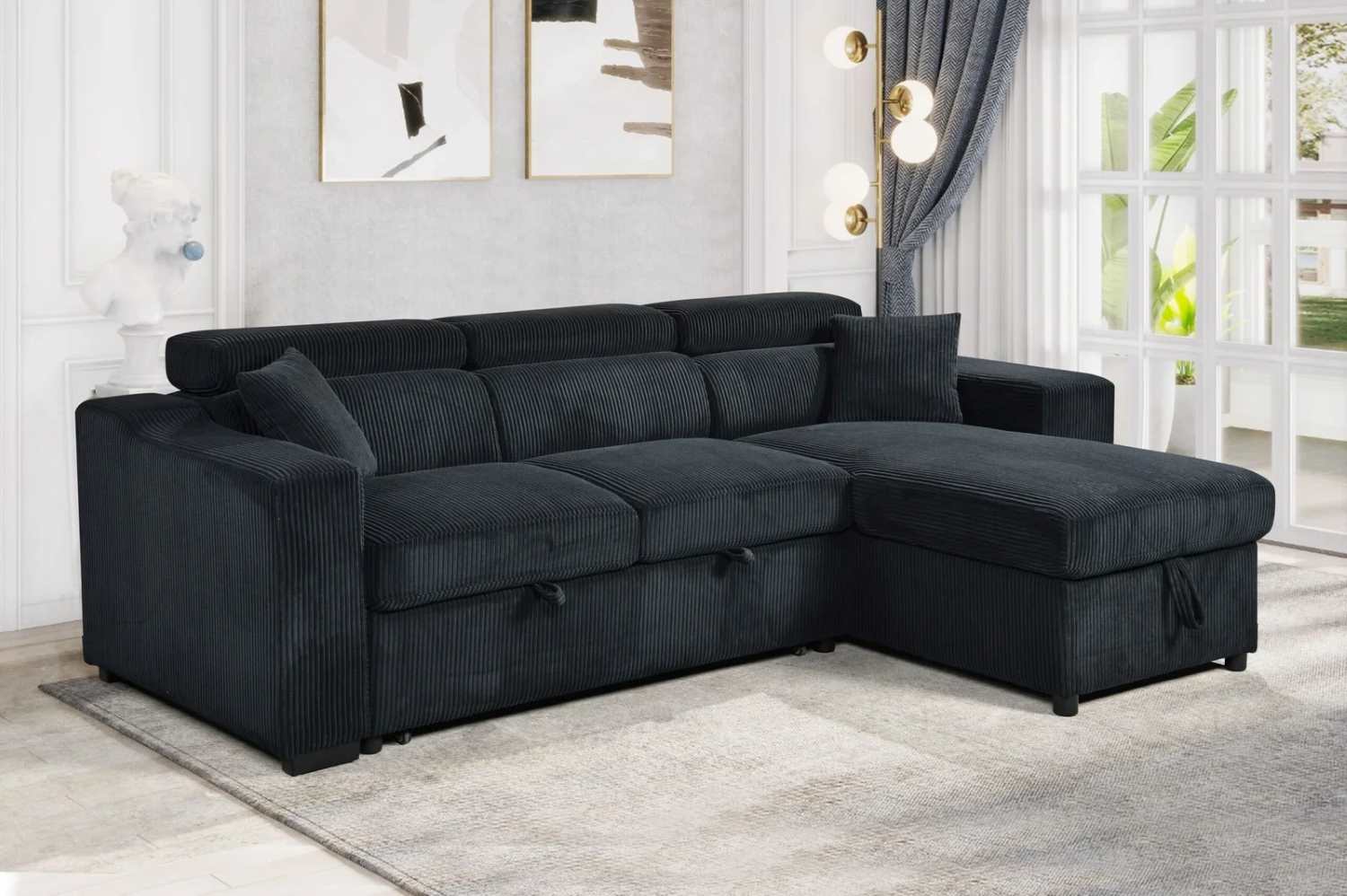 Corduroy Fabric Black Reversible Sofa Bed With Adjustable Headrest 6362