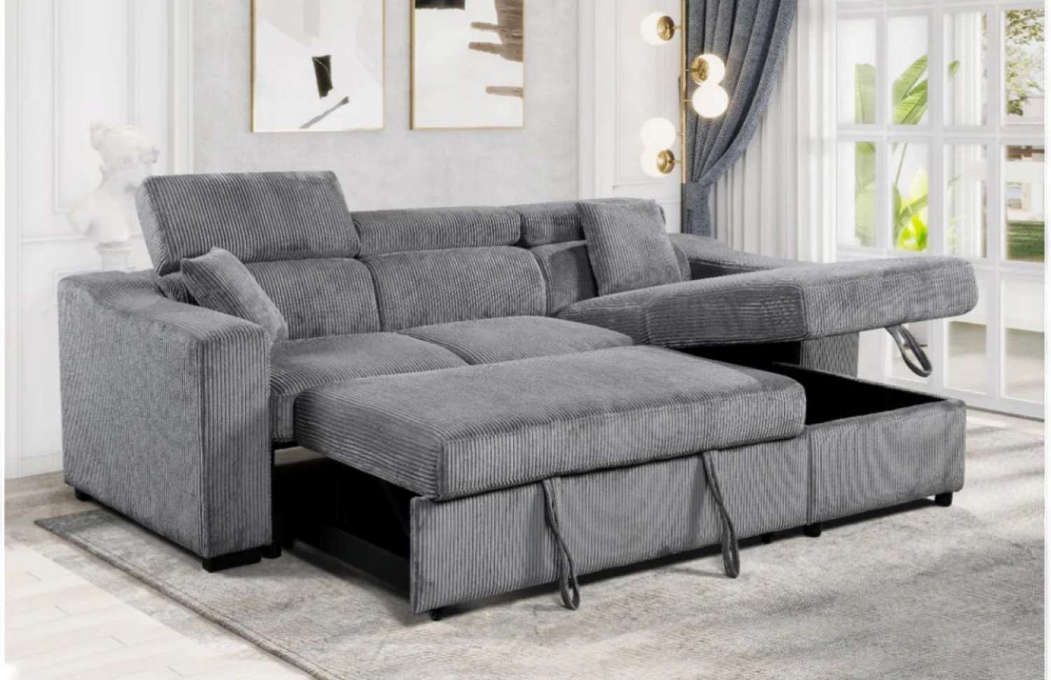 Corduroy Fabric Grey Reversible Sofa Bed With Adjustable Headrest 6362