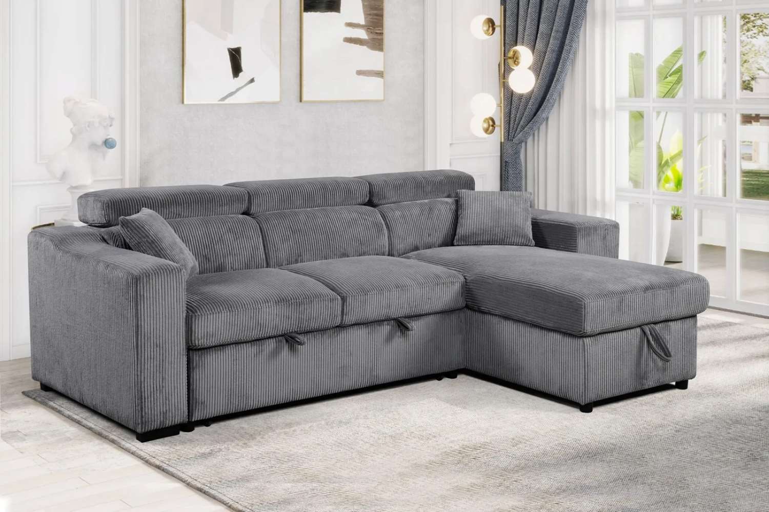 Corduroy Fabric Grey Reversible Sofa Bed With Adjustable Headrest 6362