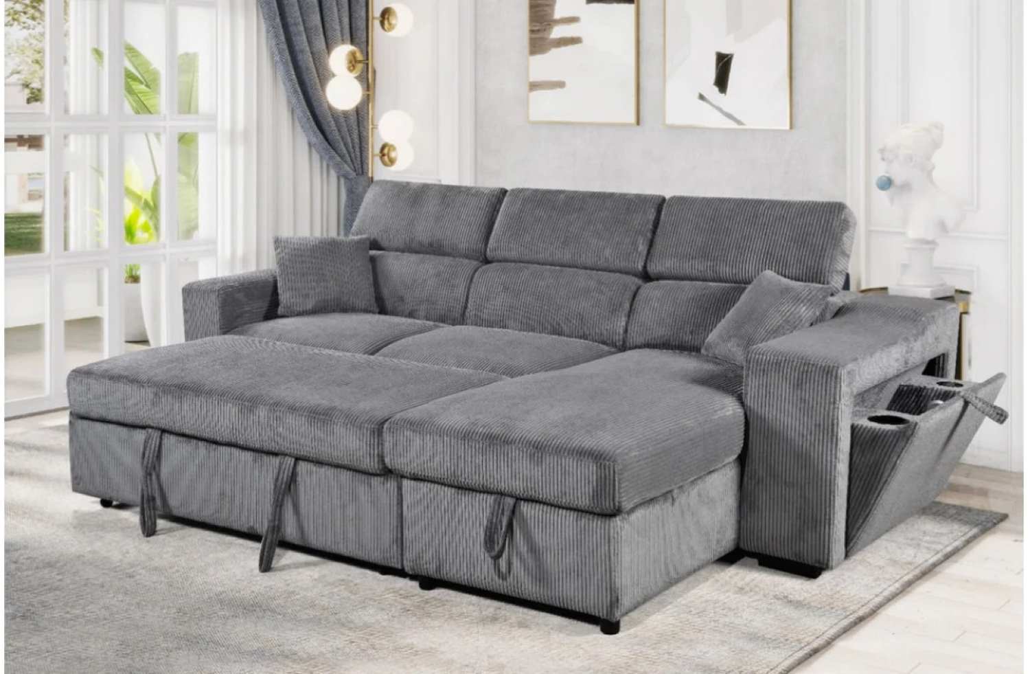 Corduroy Fabric Grey Reversible Sofa Bed With Adjustable Headrest 6362