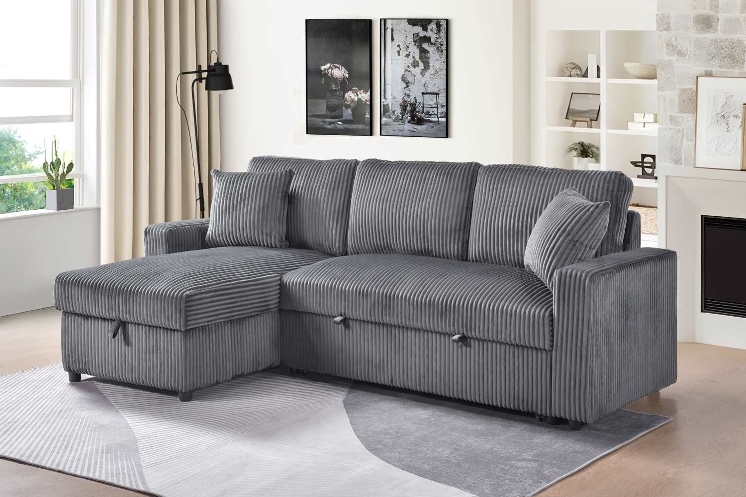 Corduroy Grey Fabric Brecker Reversible Sectional Sofa Bed 99080