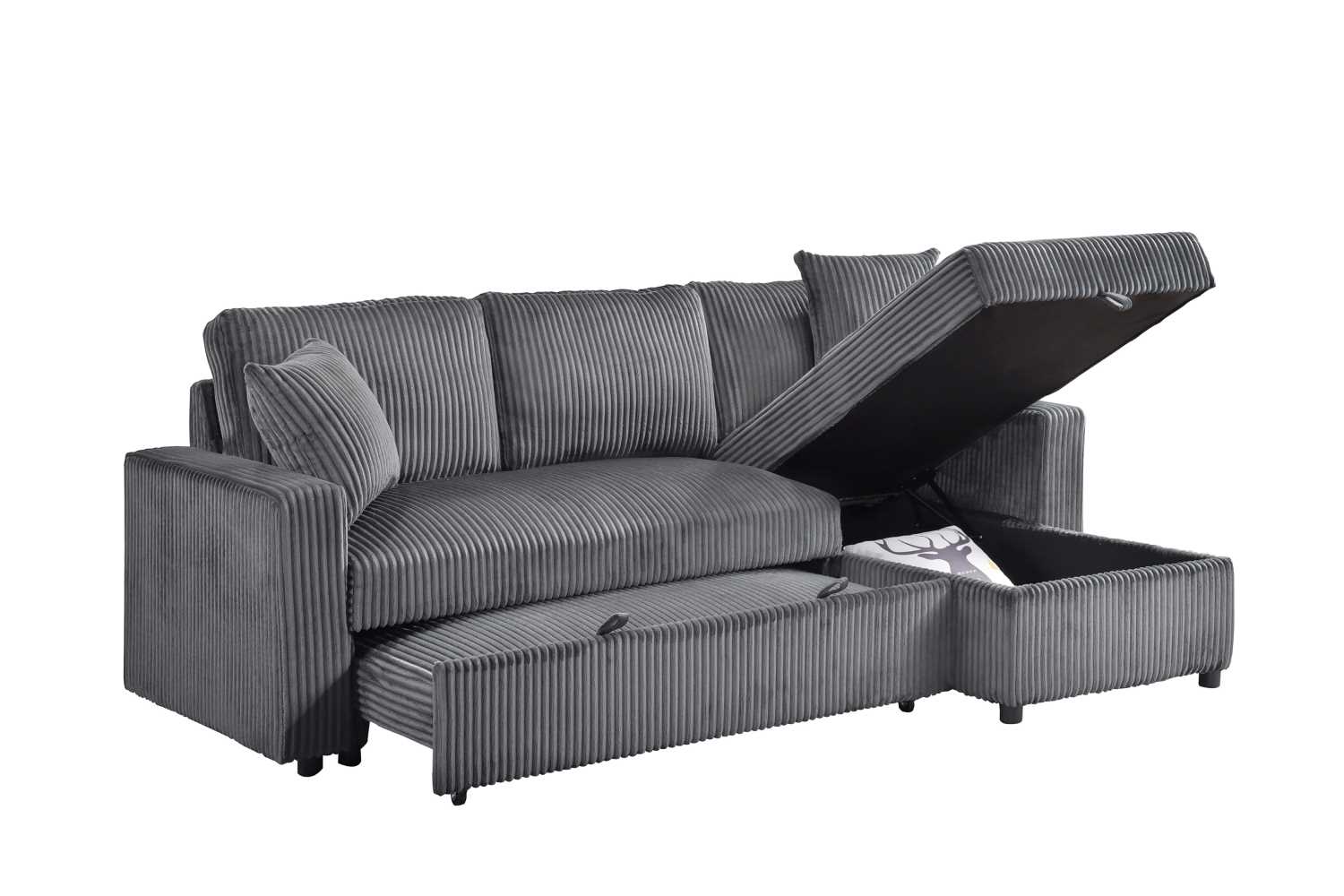 Corduroy Grey Fabric Brecker Reversible Sectional Sofa Bed 99080