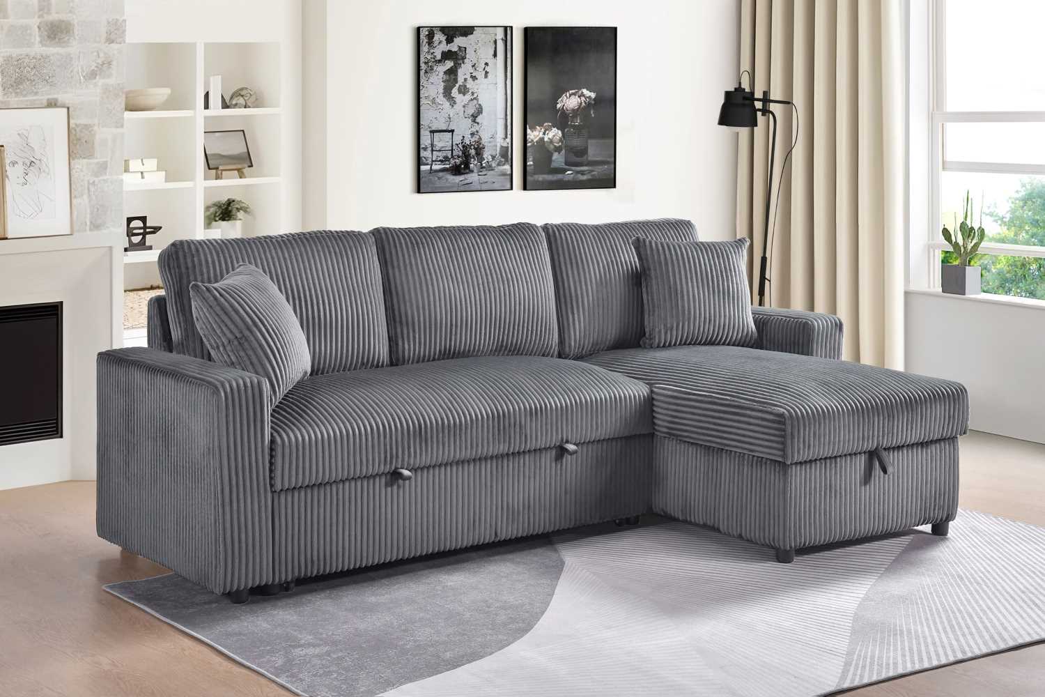 Corduroy Grey Fabric Brecker Reversible Sectional Sofa Bed 99080