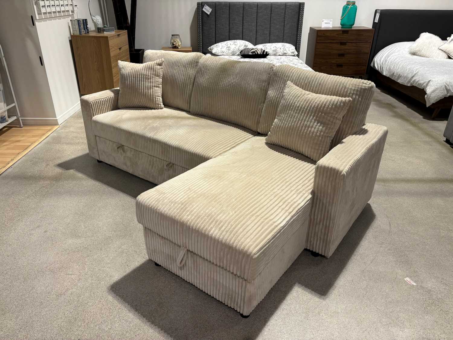 Corduroy Beige Fabric Brecker Reversible Sectional Sofa Bed 99080