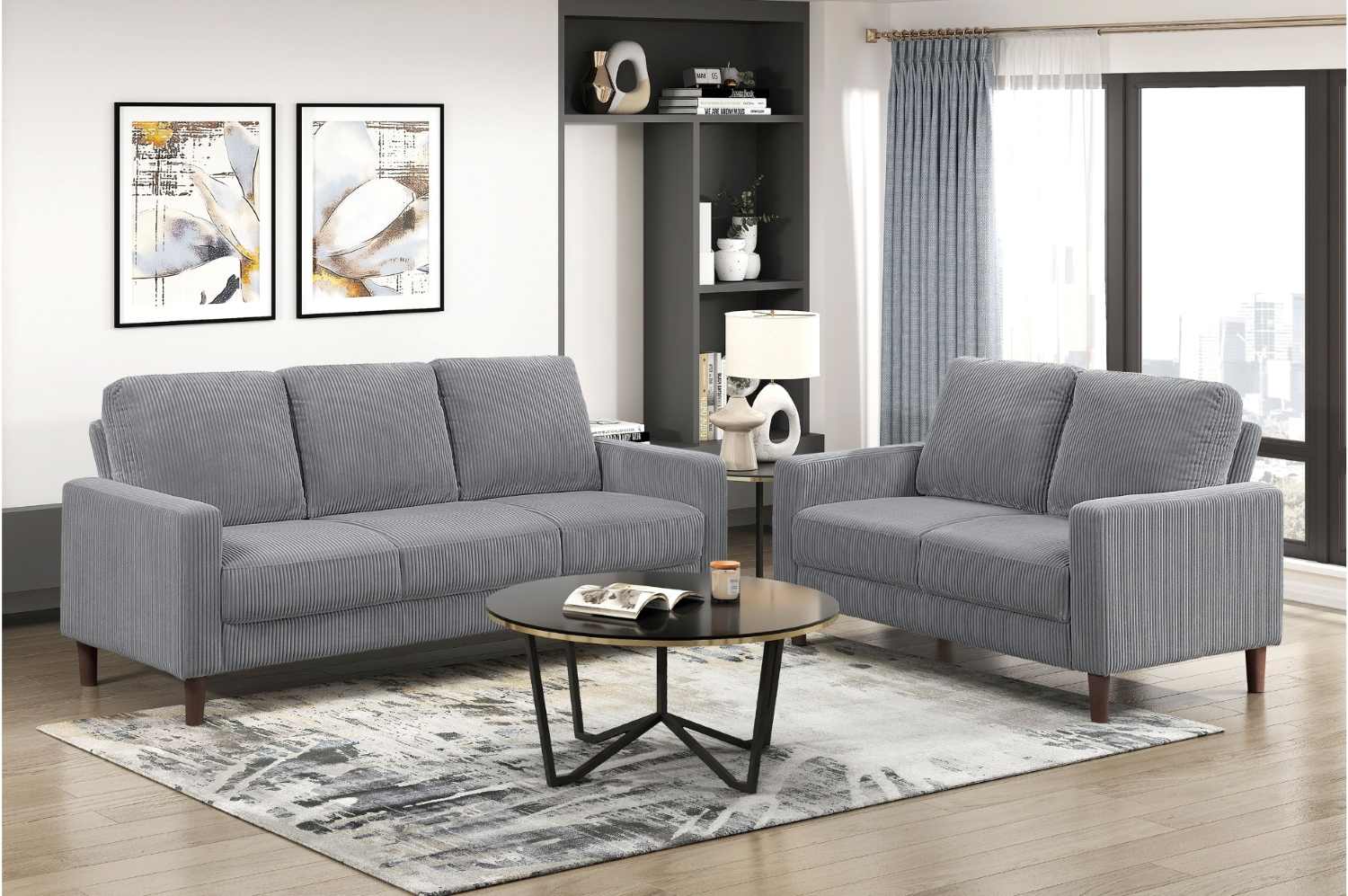 Crandall Grey Corduroy Fabric Sofa Set 9520