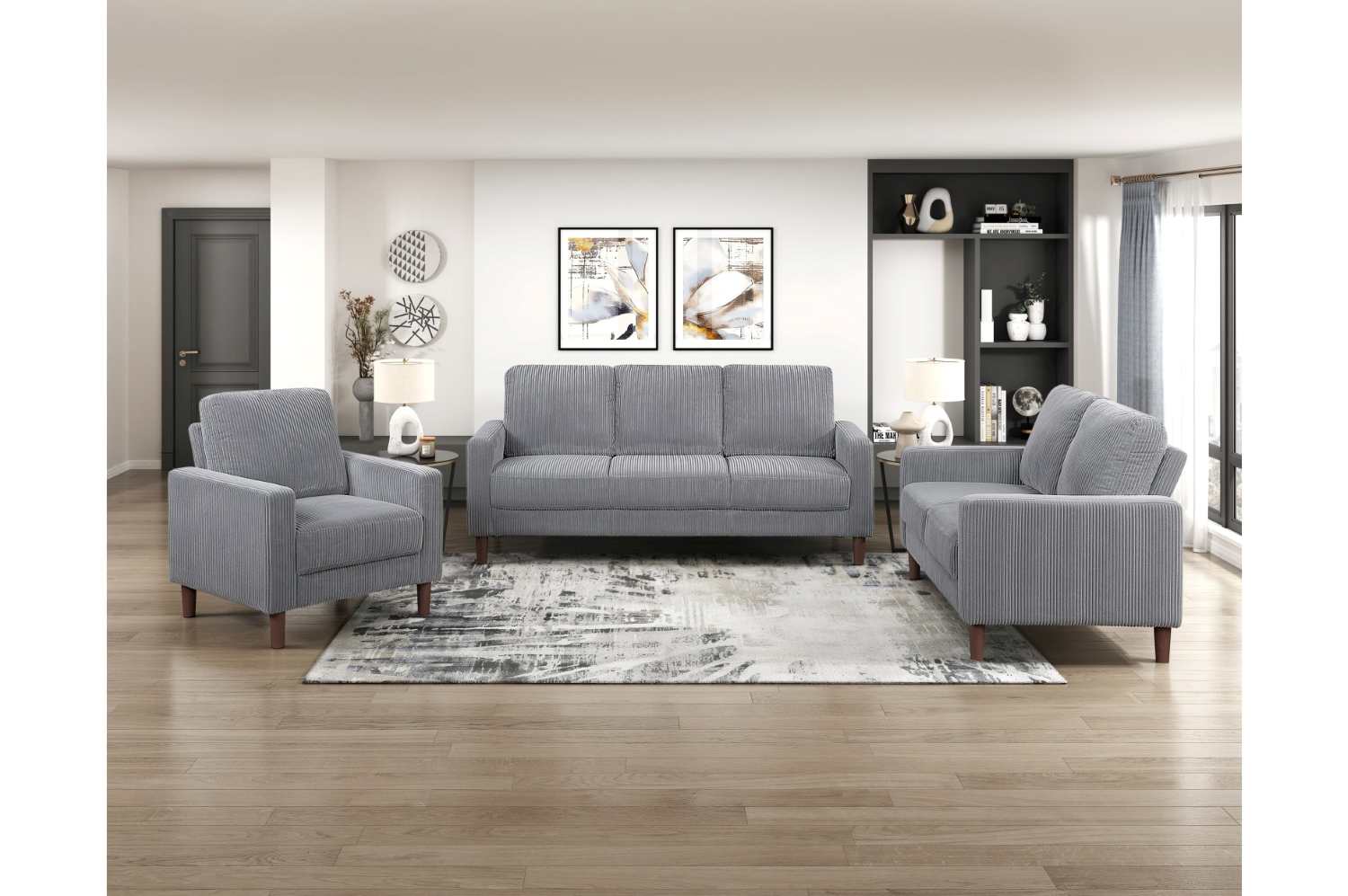 Crandall Grey Corduroy Fabric Sofa Set 9520