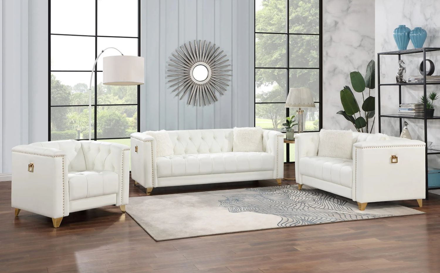 Cream Faux Leather 3pc Sofa Set with Gold Legs 6631